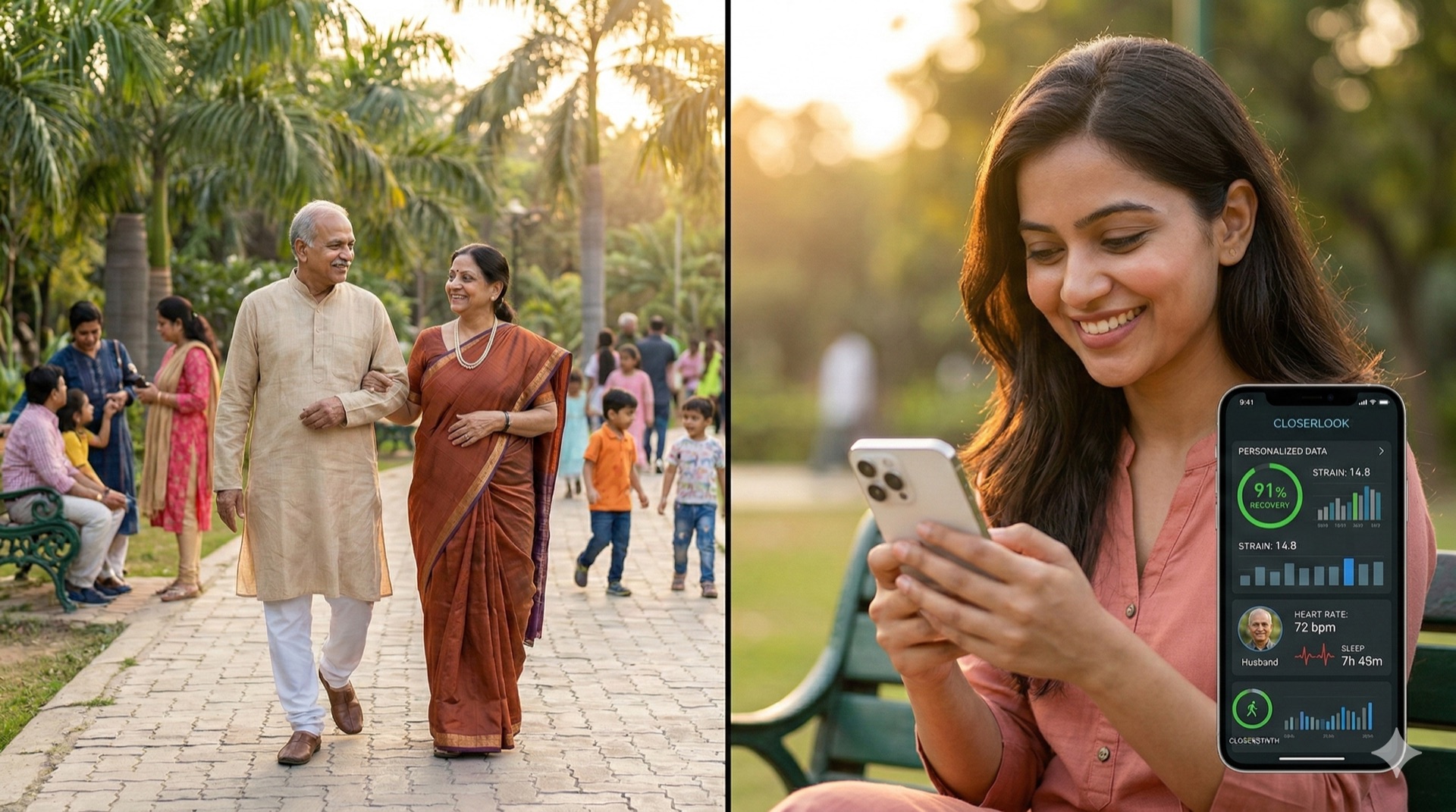 An elderly couple walks together in a park while a care partner monitors their health vitals on the CloserLook app